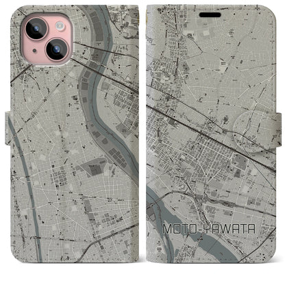 【本八幡（千葉県）】地図柄iPhoneケース（手帳タイプ）モノトーン・iPhone 15 Plus 用