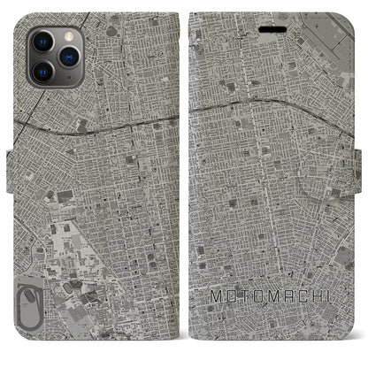 【元町（北海道）】地図柄iPhoneケース（手帳タイプ）モノトーン・iPhone 11 Pro Max 用