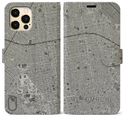 【元町（北海道）】地図柄iPhoneケース（手帳タイプ）モノトーン・iPhone 12 Pro Max 用
