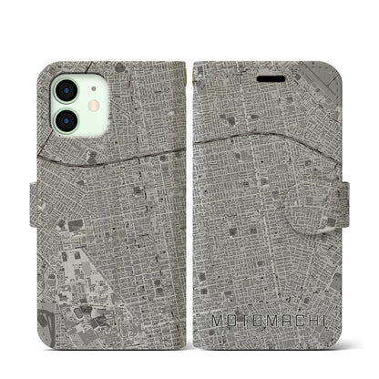 【元町（北海道）】地図柄iPhoneケース（手帳タイプ）モノトーン・iPhone 12 mini 用