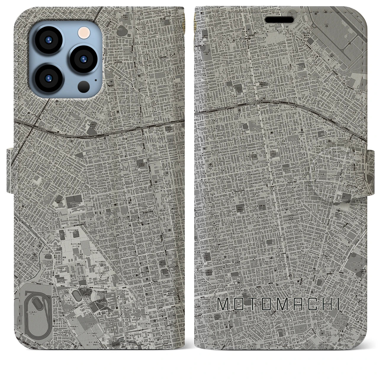 【元町（北海道）】地図柄iPhoneケース（手帳両面タイプ・モノトーン）iPhone 13 Pro Max 用