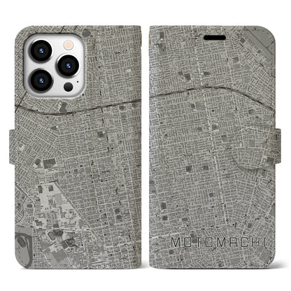 【元町（北海道）】地図柄iPhoneケース（手帳タイプ）モノトーン・iPhone 13 Pro 用