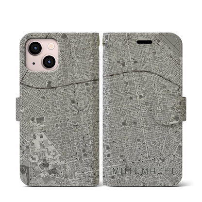 【元町（北海道）】地図柄iPhoneケース（手帳タイプ）モノトーン・iPhone 13 mini 用