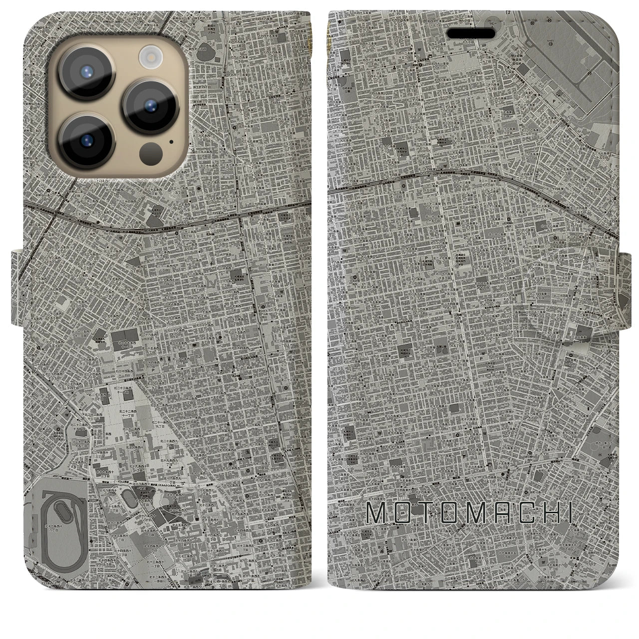 【元町（北海道）】地図柄iPhoneケース（手帳両面タイプ・モノトーン）iPhone 14 Pro Max 用