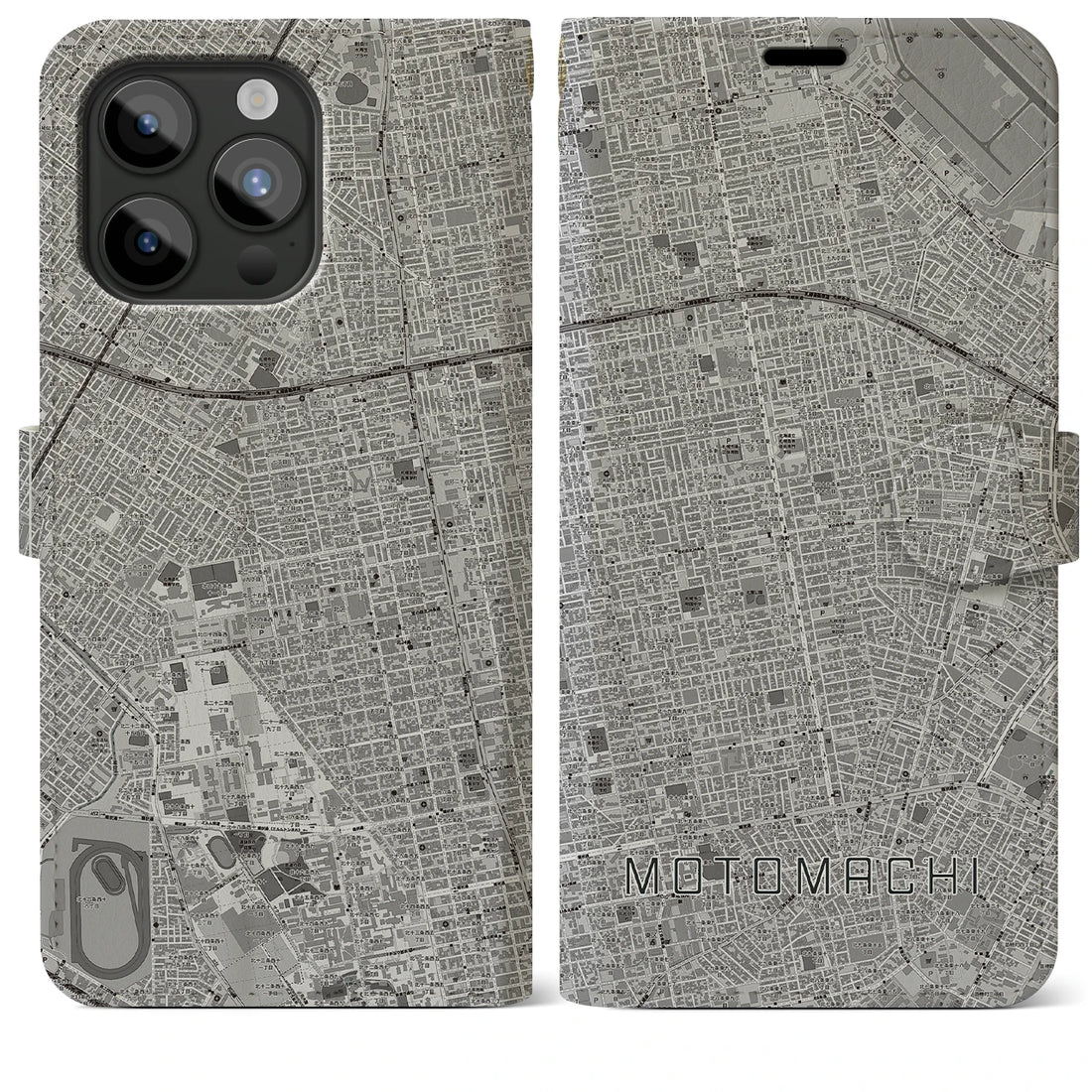 【元町（北海道）】地図柄iPhoneケース（手帳両面タイプ・モノトーン）iPhone 15 Pro Max 用