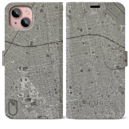 【元町（北海道）】地図柄iPhoneケース（手帳タイプ）モノトーン・iPhone 15 Plus 用