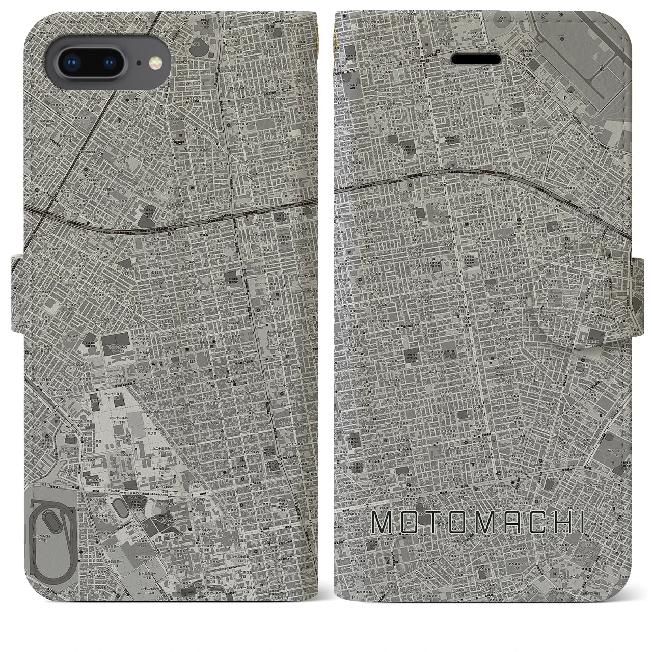 【元町（北海道）】地図柄iPhoneケース（手帳両面タイプ・モノトーン）iPhone 8Plus /7Plus / 6sPlus / 6Plus 用