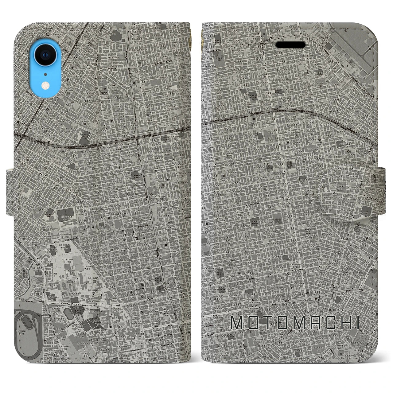 【元町（北海道）】地図柄iPhoneケース（手帳両面タイプ・モノトーン）iPhone XR 用