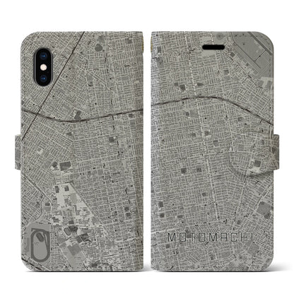 【元町（北海道）】地図柄iPhoneケース（手帳タイプ）モノトーン・iPhone XS / X 用