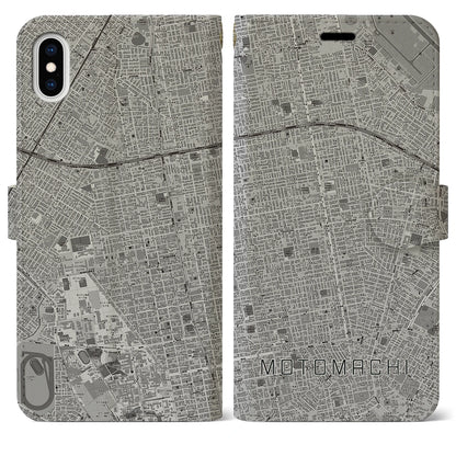 【元町（北海道）】地図柄iPhoneケース（手帳タイプ）モノトーン・iPhone XS Max 用