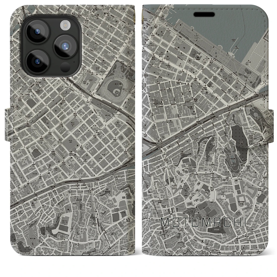 【元町（神奈川県）】地図柄iPhoneケース（手帳両面タイプ・モノトーン）iPhone 15 Pro Max 用