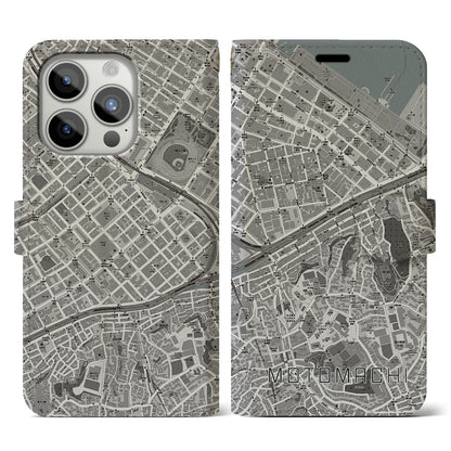 【元町（神奈川県）】地図柄iPhoneケース（手帳タイプ）モノトーン・iPhone 15 Pro 用