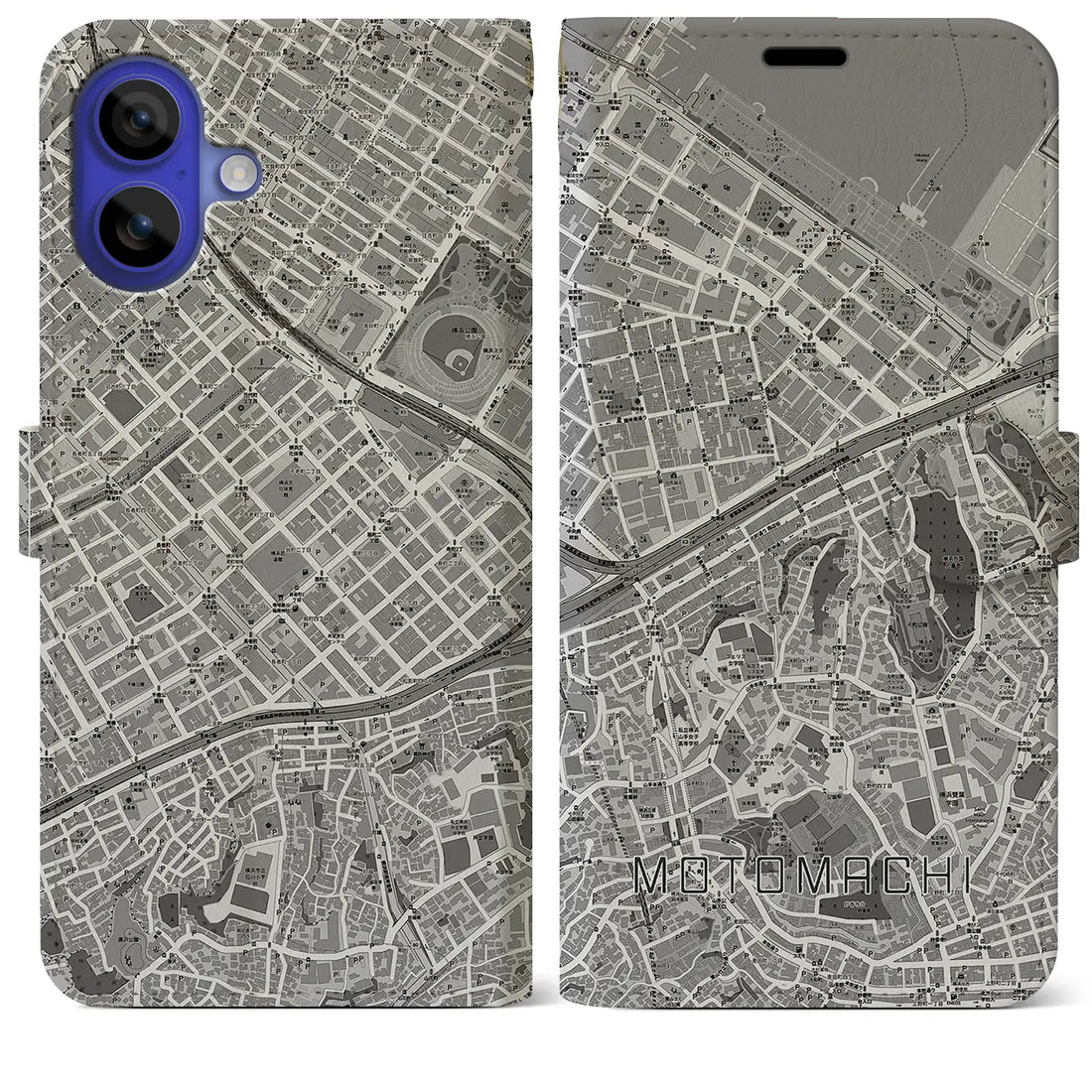 【元町(神奈川県)】地図柄iPhoneケース(手帳タイプ)モノトーン・iPhone 16 Pro Max 用