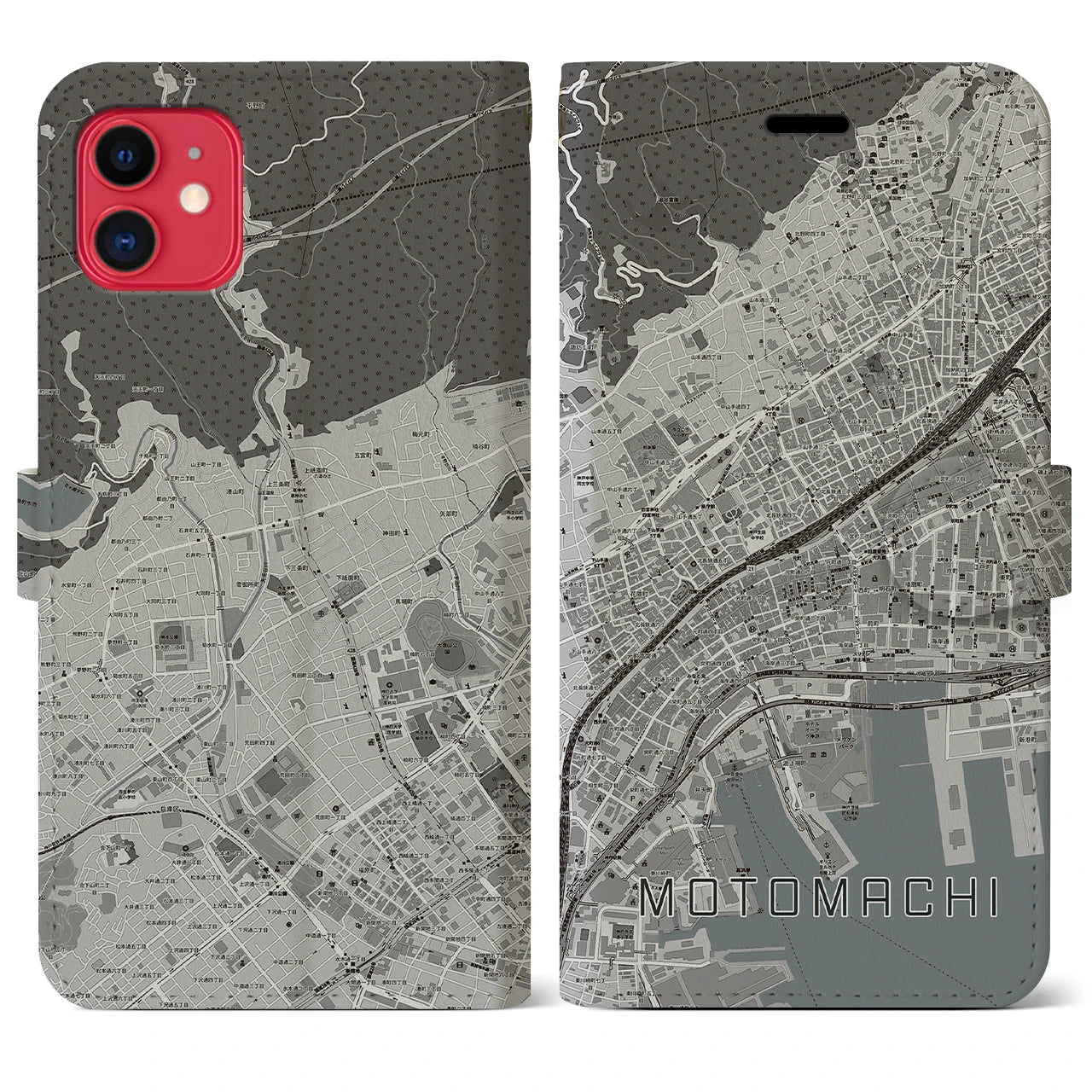 【元町】地図柄iPhoneケース（手帳両面タイプ・モノトーン）iPhone 11 用