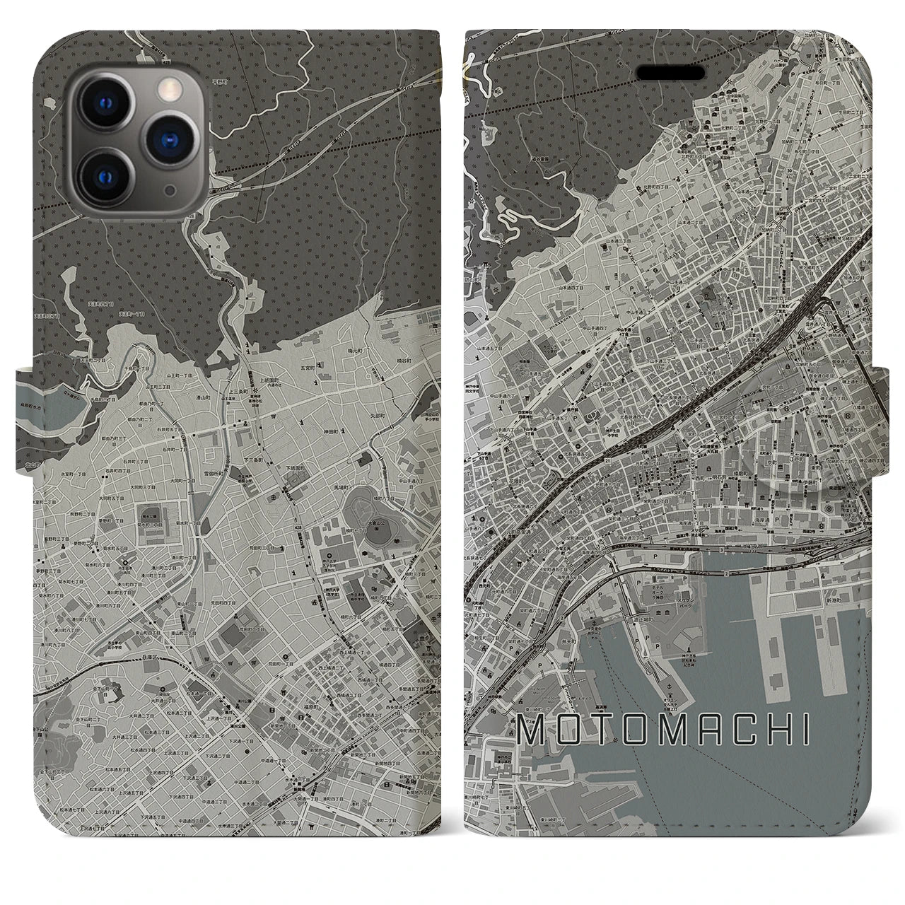 【元町】地図柄iPhoneケース（手帳両面タイプ・モノトーン）iPhone 11 Pro Max 用