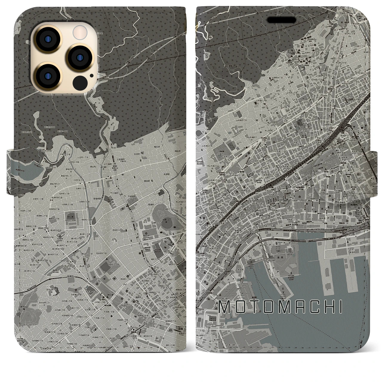 【元町】地図柄iPhoneケース（手帳両面タイプ・モノトーン）iPhone 12 Pro Max 用