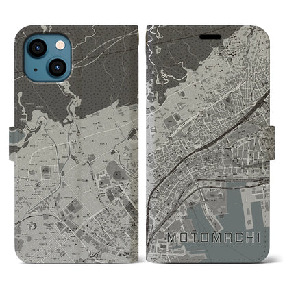 【元町（兵庫県）】地図柄iPhoneケース（手帳タイプ）モノトーン・iPhone 13 用