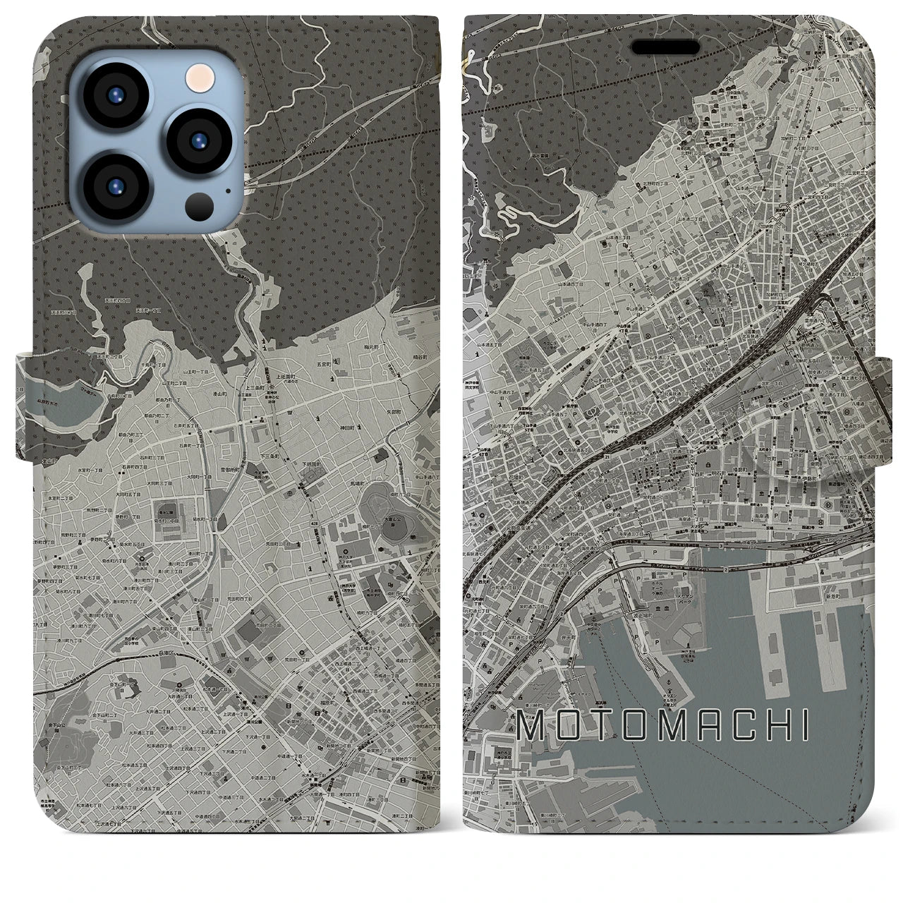【元町】地図柄iPhoneケース（手帳両面タイプ・モノトーン）iPhone 13 Pro Max 用