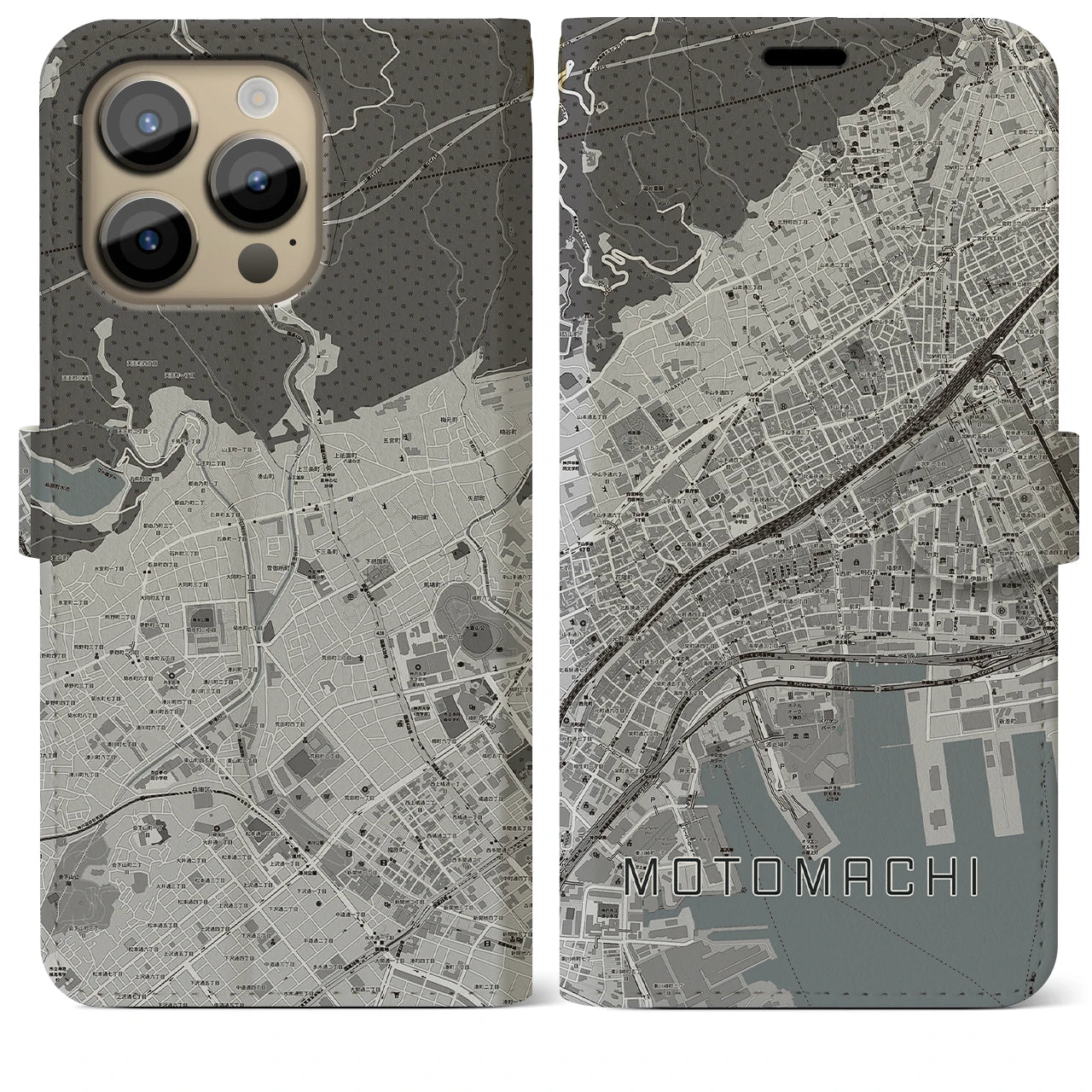 【元町】地図柄iPhoneケース（手帳両面タイプ・モノトーン）iPhone 14 Pro Max 用