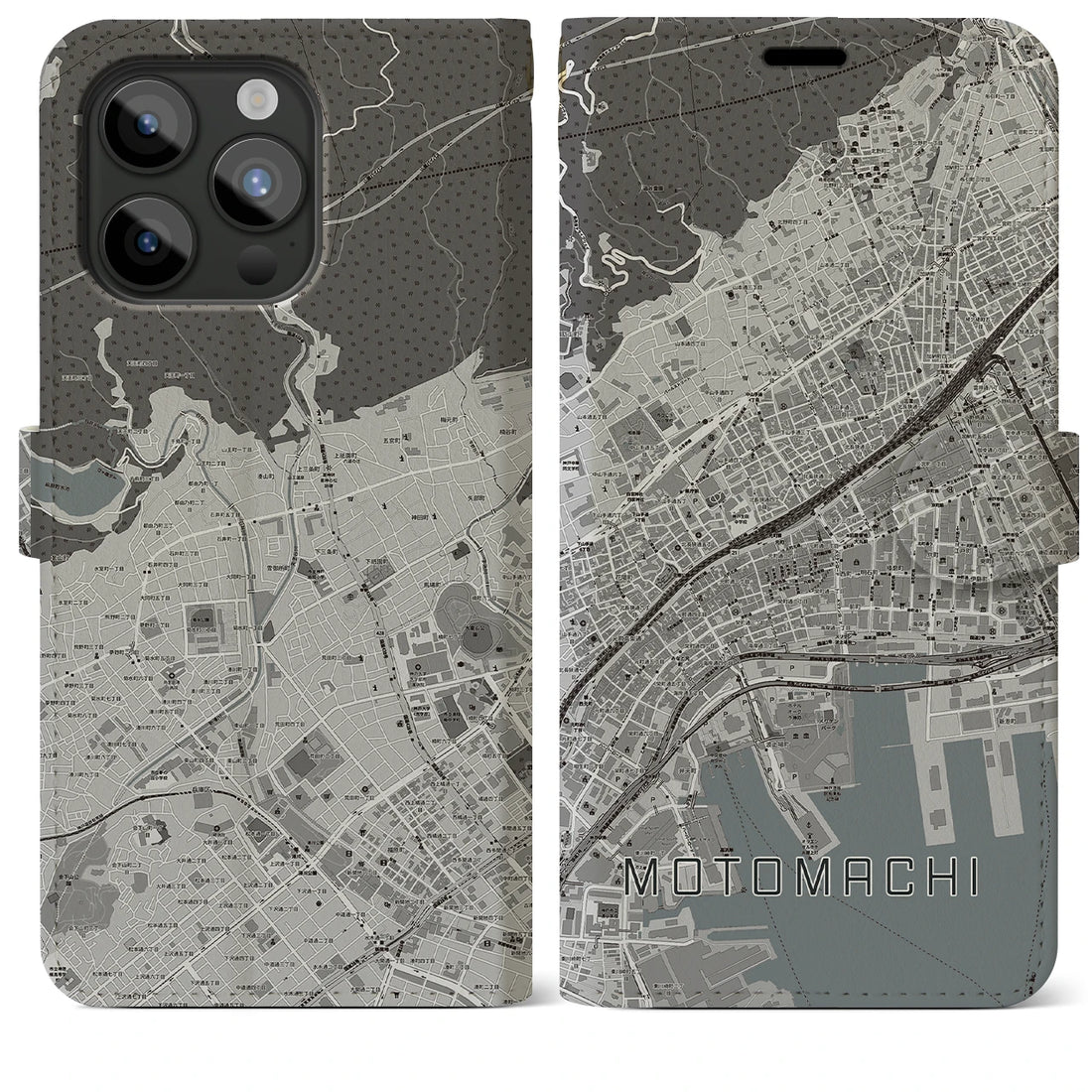 【元町】地図柄iPhoneケース（手帳両面タイプ・モノトーン）iPhone 15 Pro Max 用