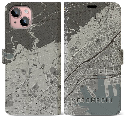 【元町（兵庫県）】地図柄iPhoneケース（手帳タイプ）モノトーン・iPhone 15 Plus 用