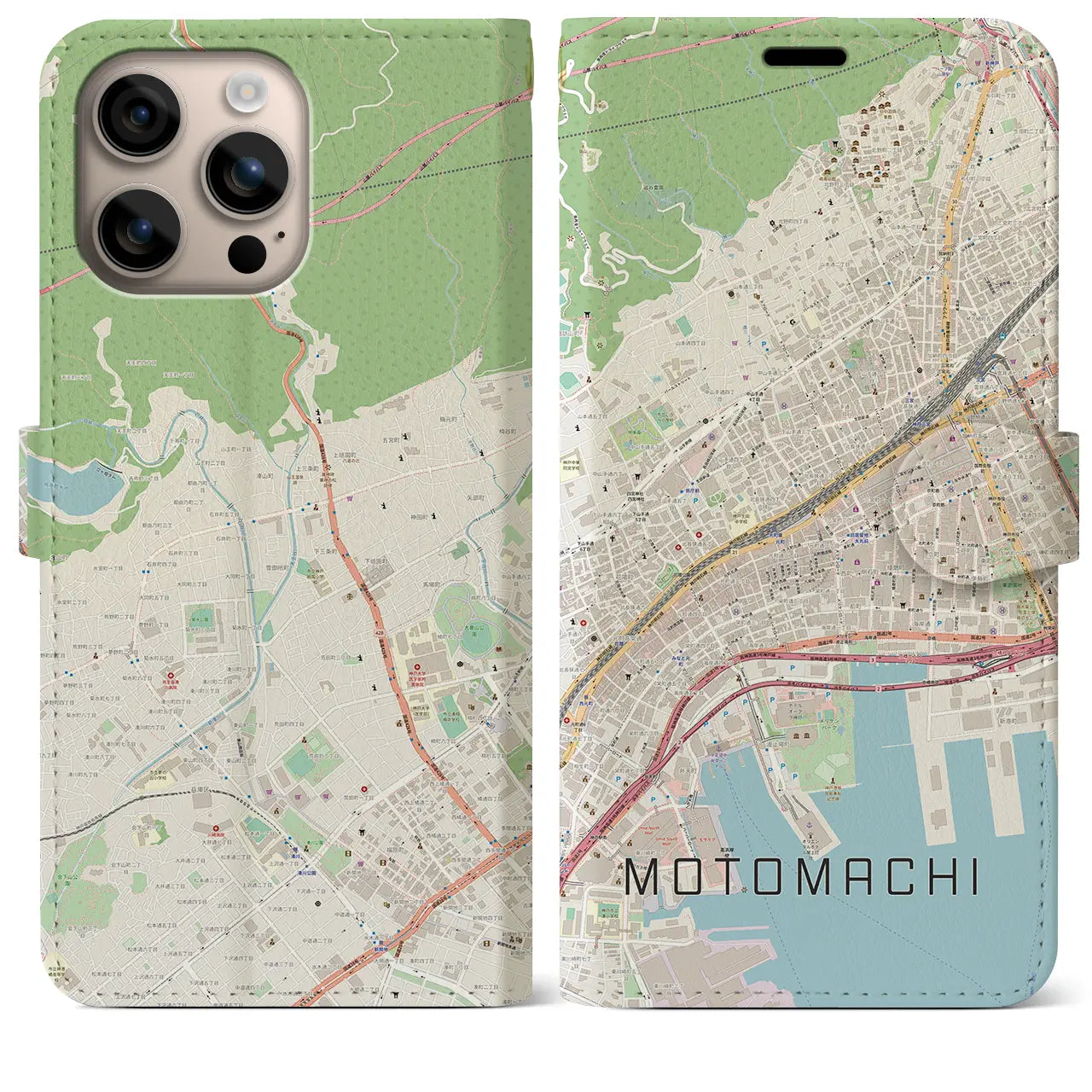 【元町（兵庫県）】地図柄iPhoneケース（手帳タイプ）ナチュラル・iPhone 16 Plus 用