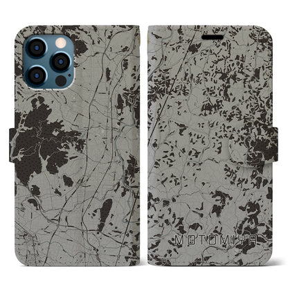 【本宮（福島県）】地図柄iPhoneケース（手帳タイプ）モノトーン・iPhone 12 / 12 Pro 用