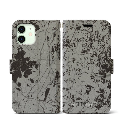 【本宮（福島県）】地図柄iPhoneケース（手帳タイプ）モノトーン・iPhone 12 mini 用