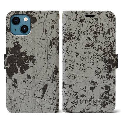 【本宮（福島県）】地図柄iPhoneケース（手帳タイプ）モノトーン・iPhone 13 用