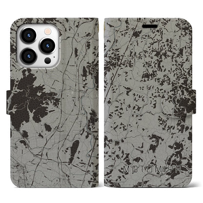 【本宮（福島県）】地図柄iPhoneケース（手帳タイプ）モノトーン・iPhone 13 Pro 用