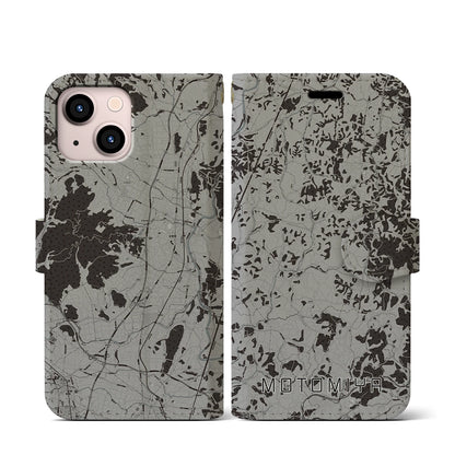 【本宮（福島県）】地図柄iPhoneケース（手帳タイプ）モノトーン・iPhone 13 mini 用