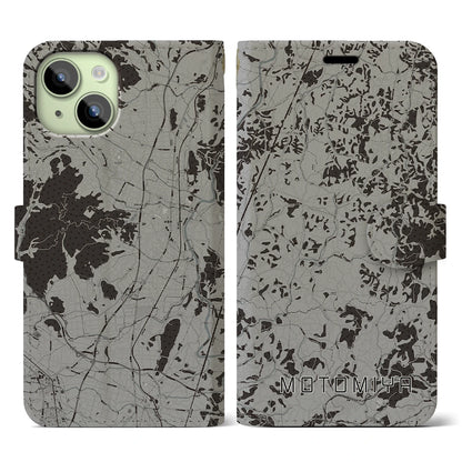 【本宮（福島県）】地図柄iPhoneケース（手帳タイプ）モノトーン・iPhone 15 用