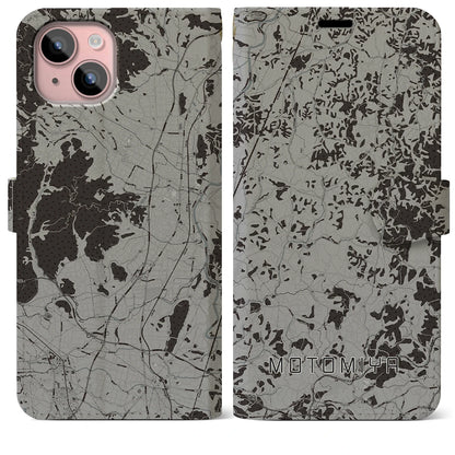 【本宮（福島県）】地図柄iPhoneケース（手帳タイプ）モノトーン・iPhone 15 Plus 用