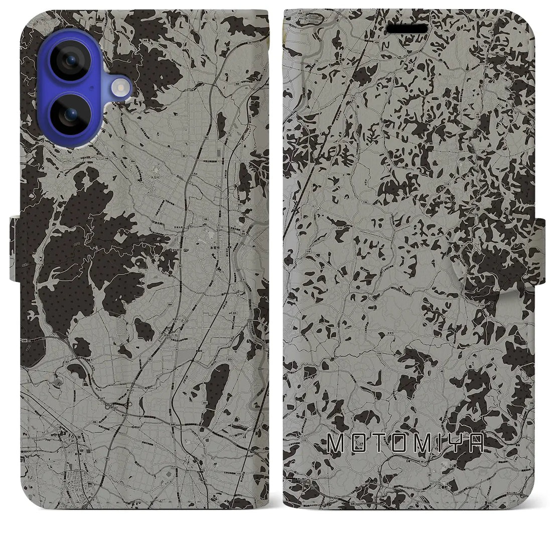 【本宮(福島県)】地図柄iPhoneケース(手帳タイプ)モノトーン・iPhone 16 Pro Max 用