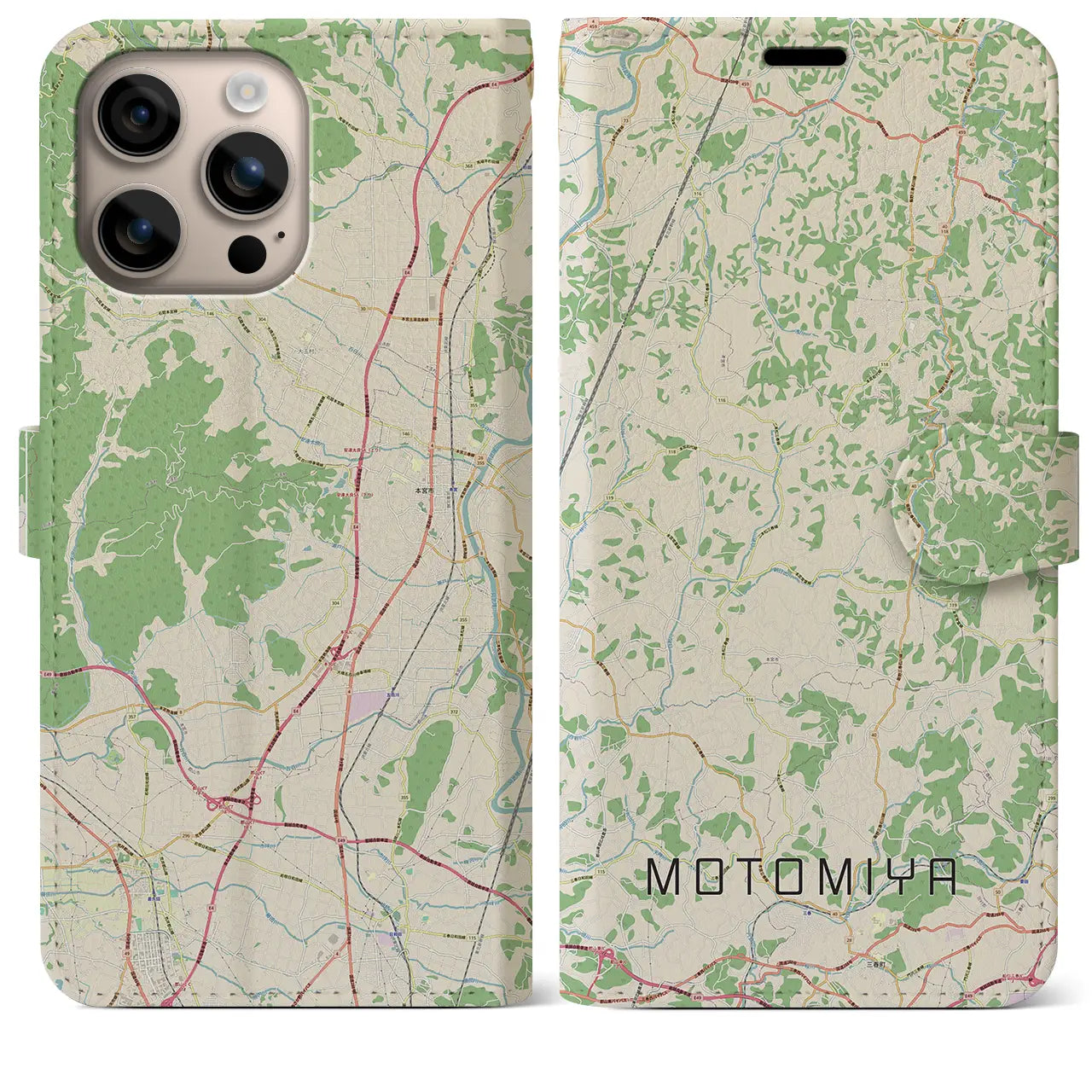 【本宮（福島県）】地図柄iPhoneケース（手帳タイプ）ナチュラル・iPhone 16 Plus 用