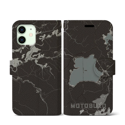 【本栖湖（山梨県）】地図柄iPhoneケース（手帳タイプ）モノトーン・iPhone 12 mini 用