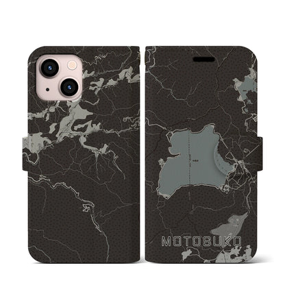 【本栖湖（山梨県）】地図柄iPhoneケース（手帳タイプ）モノトーン・iPhone 13 mini 用