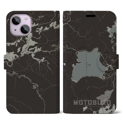【本栖湖（山梨県）】地図柄iPhoneケース（手帳タイプ）モノトーン・iPhone 14 用