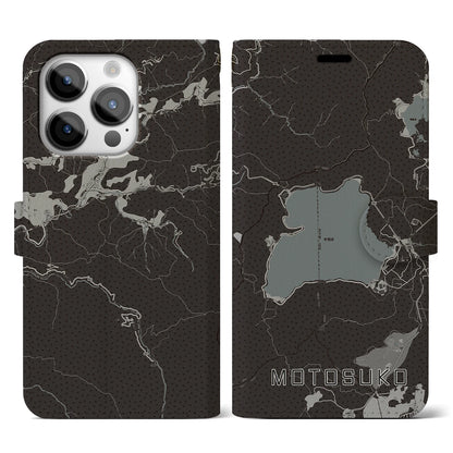 【本栖湖（山梨県）】地図柄iPhoneケース（手帳タイプ）モノトーン・iPhone 14 Pro 用