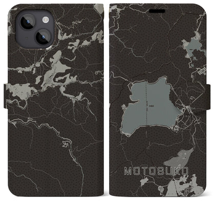 【本栖湖（山梨県）】地図柄iPhoneケース（手帳タイプ）モノトーン・iPhone 14 Plus 用
