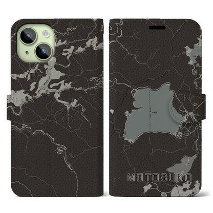 【本栖湖（山梨県）】地図柄iPhoneケース（手帳タイプ）モノトーン・iPhone 15 用