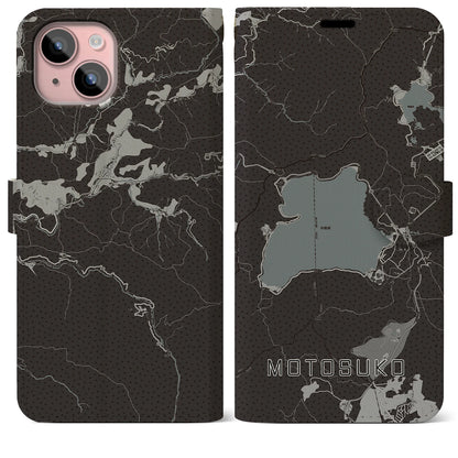 【本栖湖（山梨県）】地図柄iPhoneケース（手帳タイプ）モノトーン・iPhone 15 Plus 用