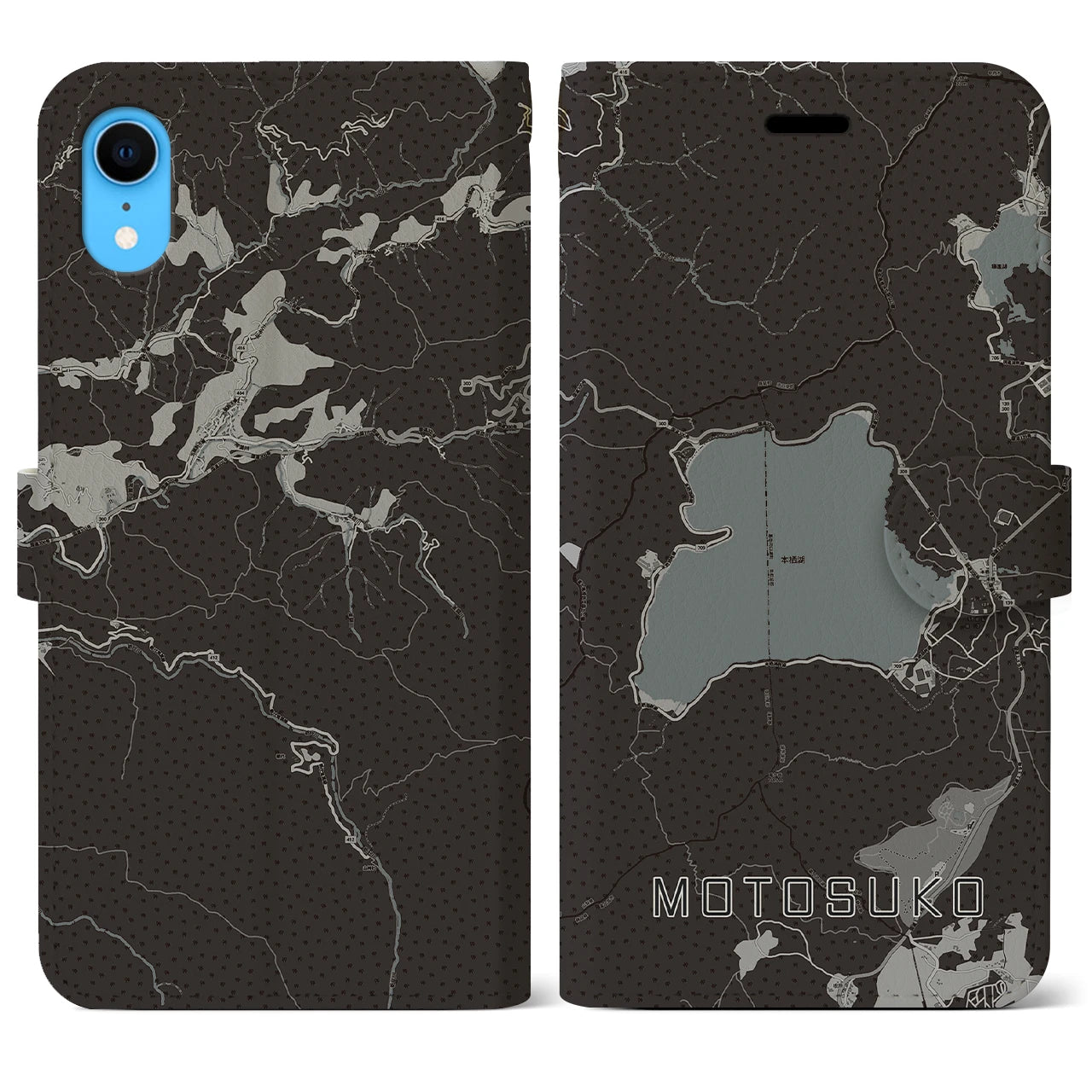【本栖湖】地図柄iPhoneケース（手帳両面タイプ・モノトーン）iPhone XR 用