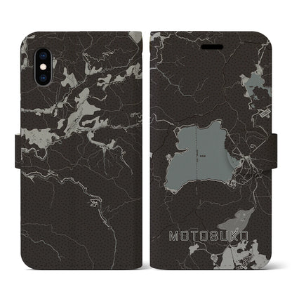 【本栖湖（山梨県）】地図柄iPhoneケース（手帳タイプ）モノトーン・iPhone XS / X 用