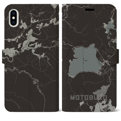【本栖湖（山梨県）】地図柄iPhoneケース（手帳タイプ）モノトーン・iPhone XS Max 用