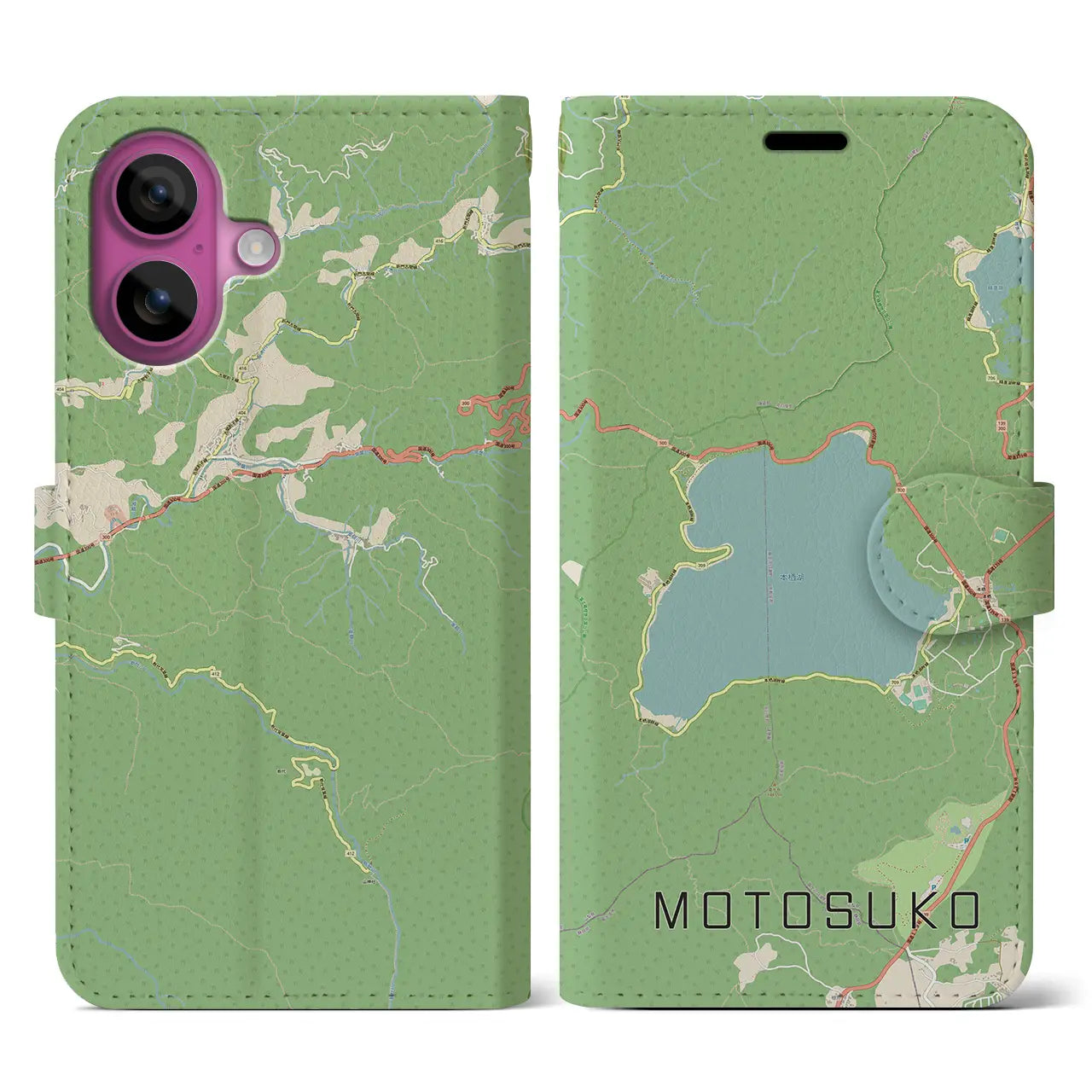 【本栖湖（山梨県）】地図柄iPhoneケース（手帳タイプ）ナチュラル・iPhone 16 Pro 用