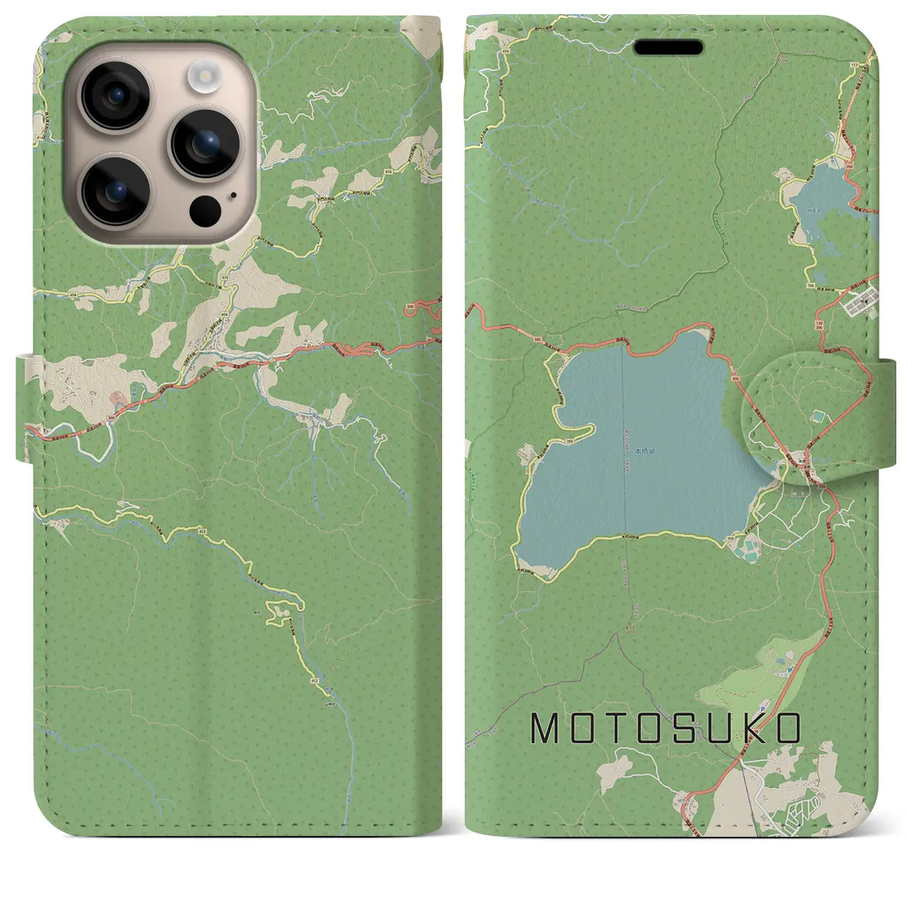 【本栖湖（山梨県）】地図柄iPhoneケース（手帳タイプ）ナチュラル・iPhone 16 Plus 用