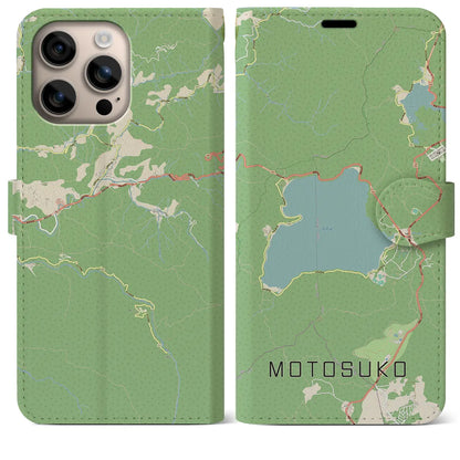 【本栖湖（山梨県）】地図柄iPhoneケース（手帳タイプ）ナチュラル・iPhone 16 Plus 用