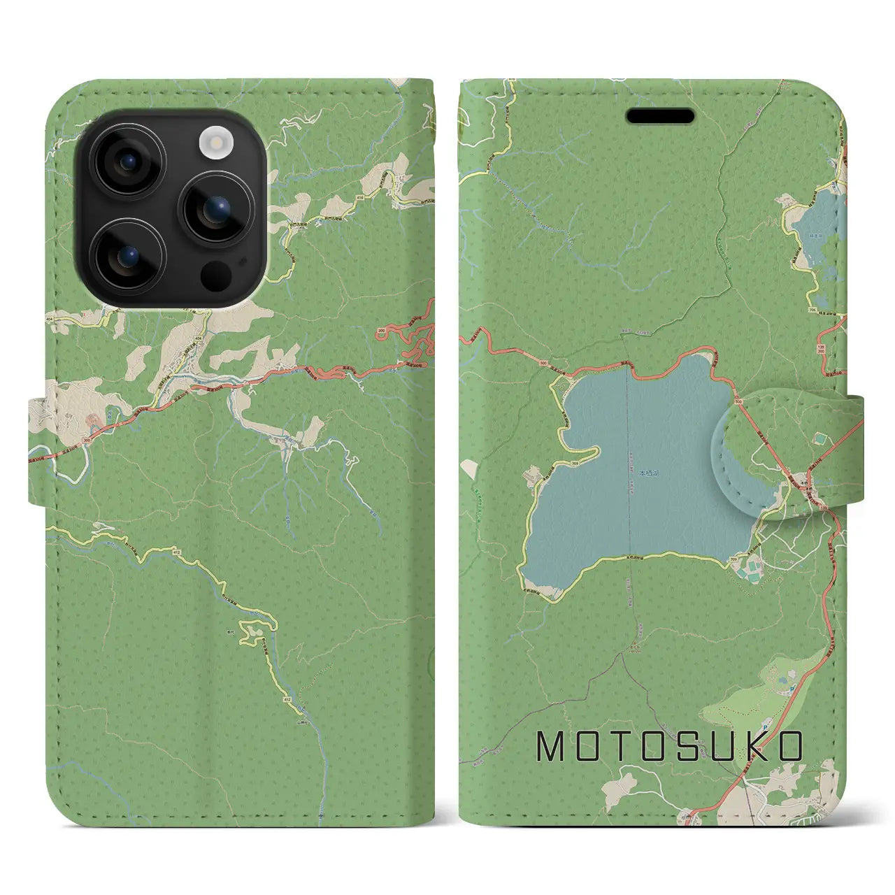 【本栖湖（山梨県）】地図柄iPhoneケース（手帳タイプ）ナチュラル・iPhone 16 用