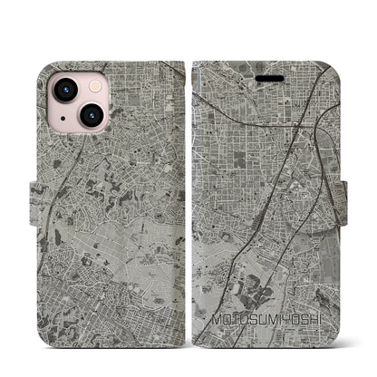 【元住吉（神奈川県）】地図柄iPhoneケース（手帳タイプ）モノトーン・iPhone 13 mini 用